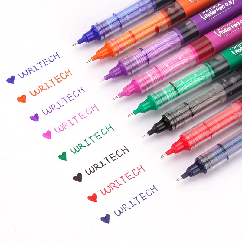 WRITECH Liquid Ink RollerBall Pens Quick Dry Ink 0.5 mm Extra Fine Point Pens 8 Pcs Rollering Pens Assorted Colors Ink for Writing, Taking Notes & Sketching (Multicolor) - Image 2